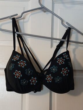 Time And True Black Floral Embroidered Strappy Swimsuit Top